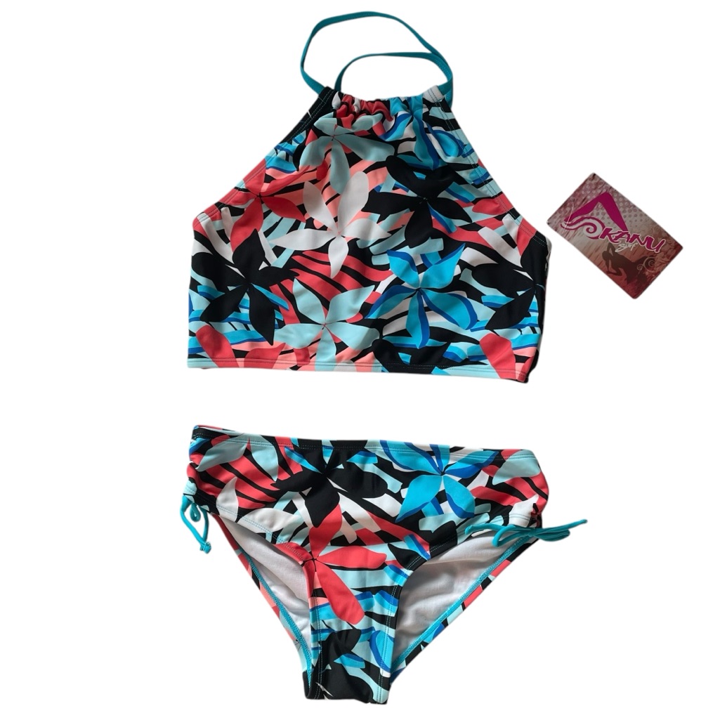 Kanu Surf Tankini Two Piece Swimsuit Rowan Blue Tropical Floral Print Girls 14